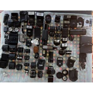 100+ Piece Lot of Camera Lenses,Filters,Extensions, Accessories & Flash-Untested